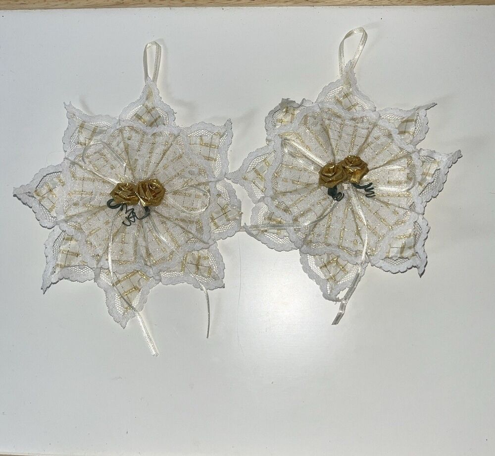 Vintage Christmas Fabric Snow Flake Ornaments Handmade Beige 7”